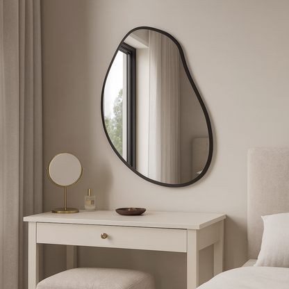 Irregular Wall Mirror – Modern Organic Mirror with Black Frame, Asymmetrical Wavy Mirror for Living Room & Entryway