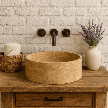 Marble Sink – Natural Stone Vessel Sink Travertine Noce Round 17"x17"x6" (43x43x15 cm) Hand-Carved Bowl
