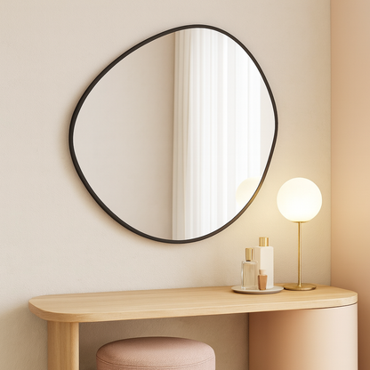 Irregular Round Bathroom Mirror – Modern Organic Wall Mirror with Black Frame