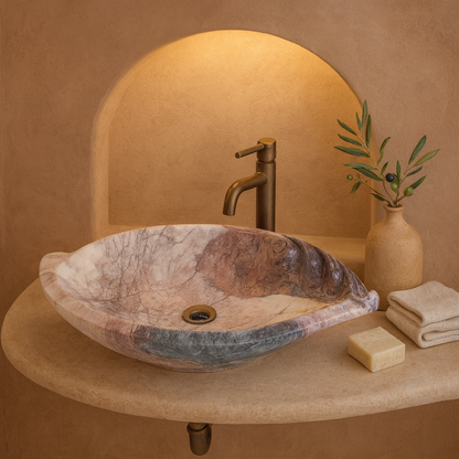 Luxury Marble Vessel Sink – Hand-Carved Natural Stone Bathroom Basin, Designer Vanity Bowl 25.6"x15.7"x5.5" (65x40x14 cm)