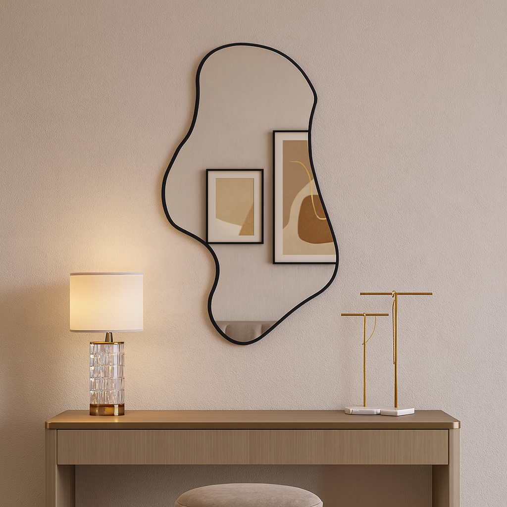 Wavy Irregular Wall Mirror – Modern Asymmetrical Bathroom Mirror with Black Frame