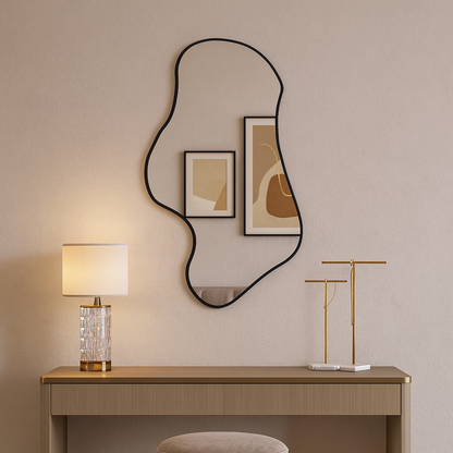 Wavy Irregular Wall Mirror – Modern Asymmetrical Bathroom Mirror with Black Frame