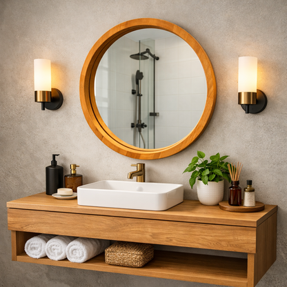 Handmade Solid Wood Framed Round Mirror – Modern Scandinavian Wall Mirror