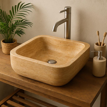 Travertine Stone Vessel Sink – Natural Marble Bathroom Basin (45x45x15 cm)