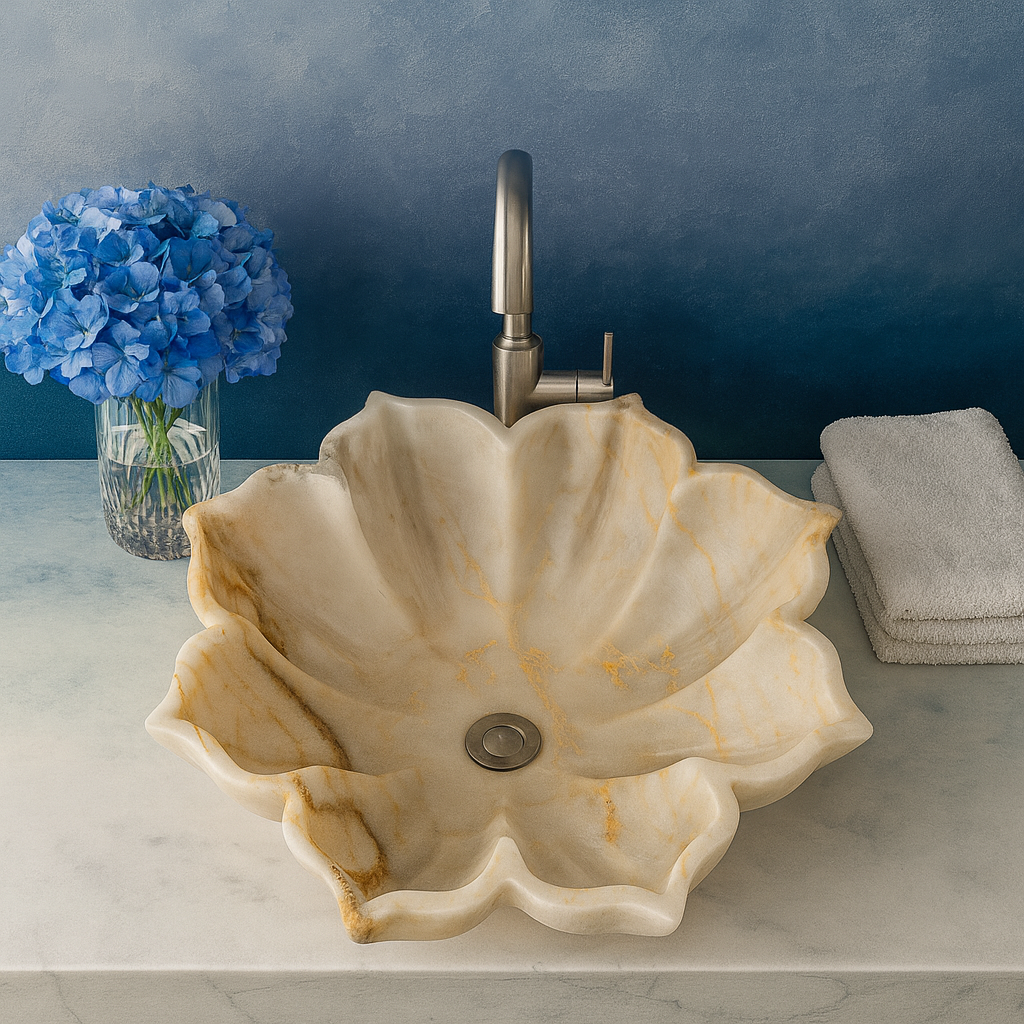 Marble Sink Stone Vessel Sink – Carrara Marble Leaf Bathroom Basin, Hand-Carved Natural Marble