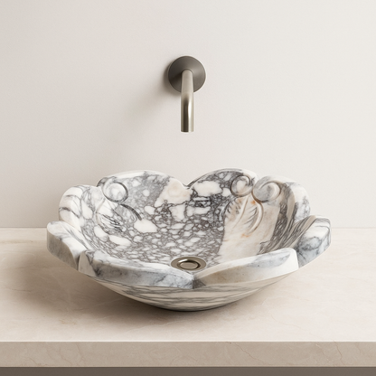 Luxury Marble Vessel Sink – Hand-Carved Natural Stone Bathroom Basin, Designer Vanity Bowl 16.5"x16.5"x5.5" (42x42x14 cm)
