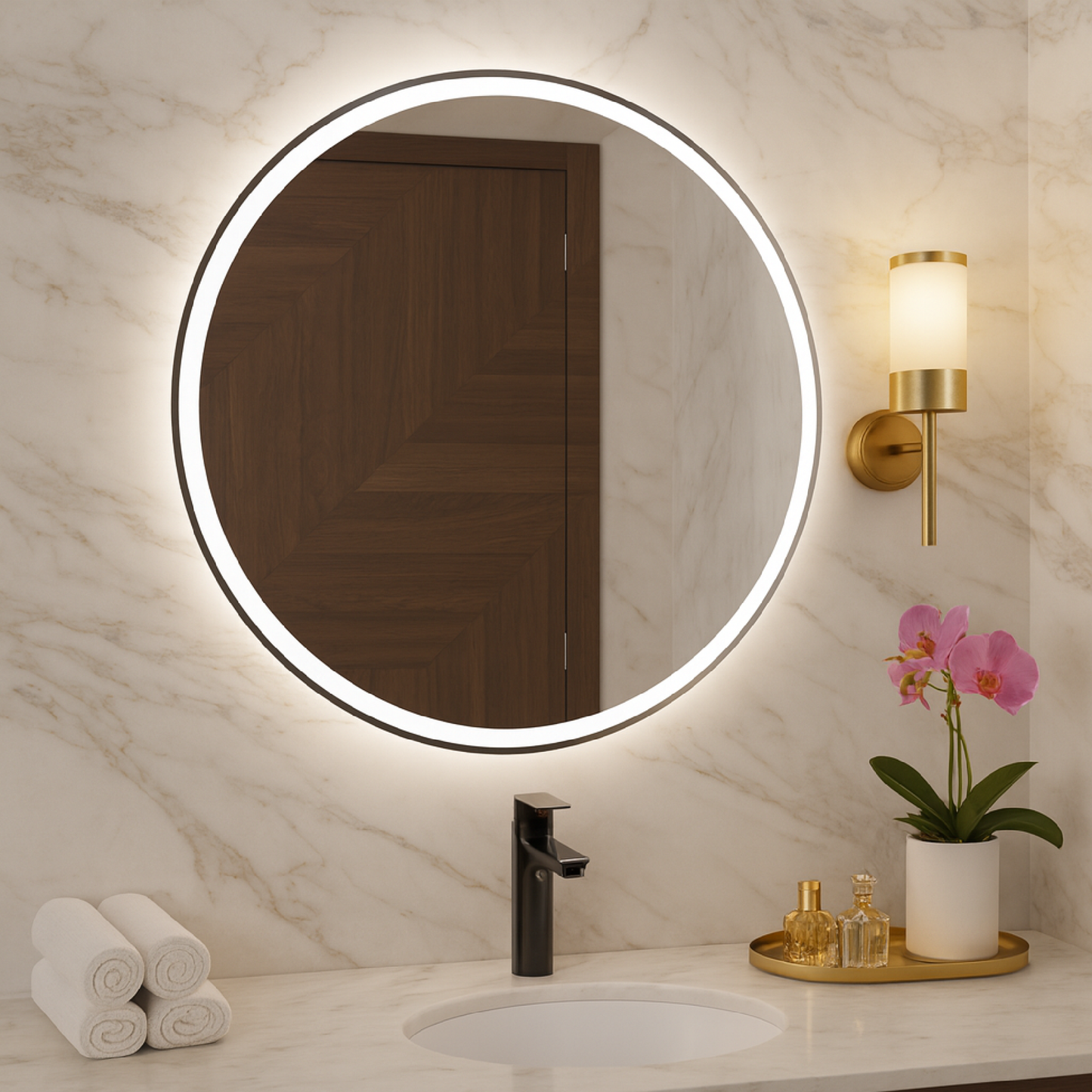 LED Bathroom Mirror – Round Backlit Vanity Mirror, Modern Lighted Wall Mirror