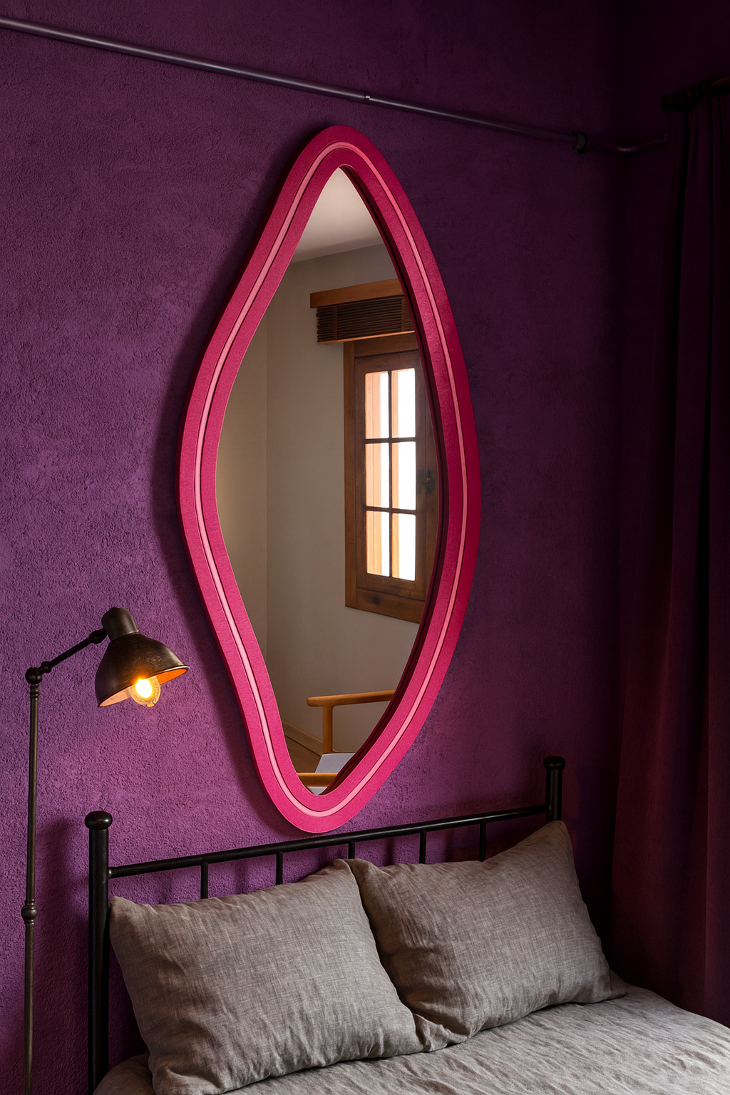 Neon LED Wavy Wall Mirror – Modern Irregular Shape MDF Frame Mirror | Decorative Accent for Bedroom & Living Room