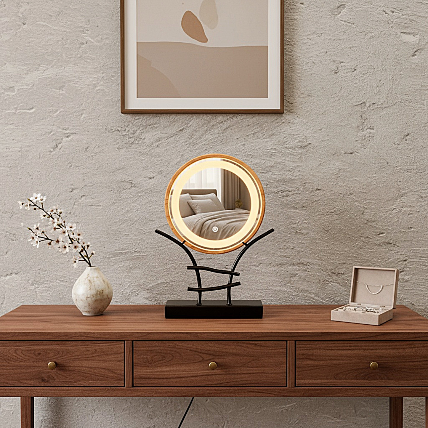 LED Makeup Mirror with Wooden Frame – Dimmable Touch Lighted Vanity Mirror & Jewelry Holder