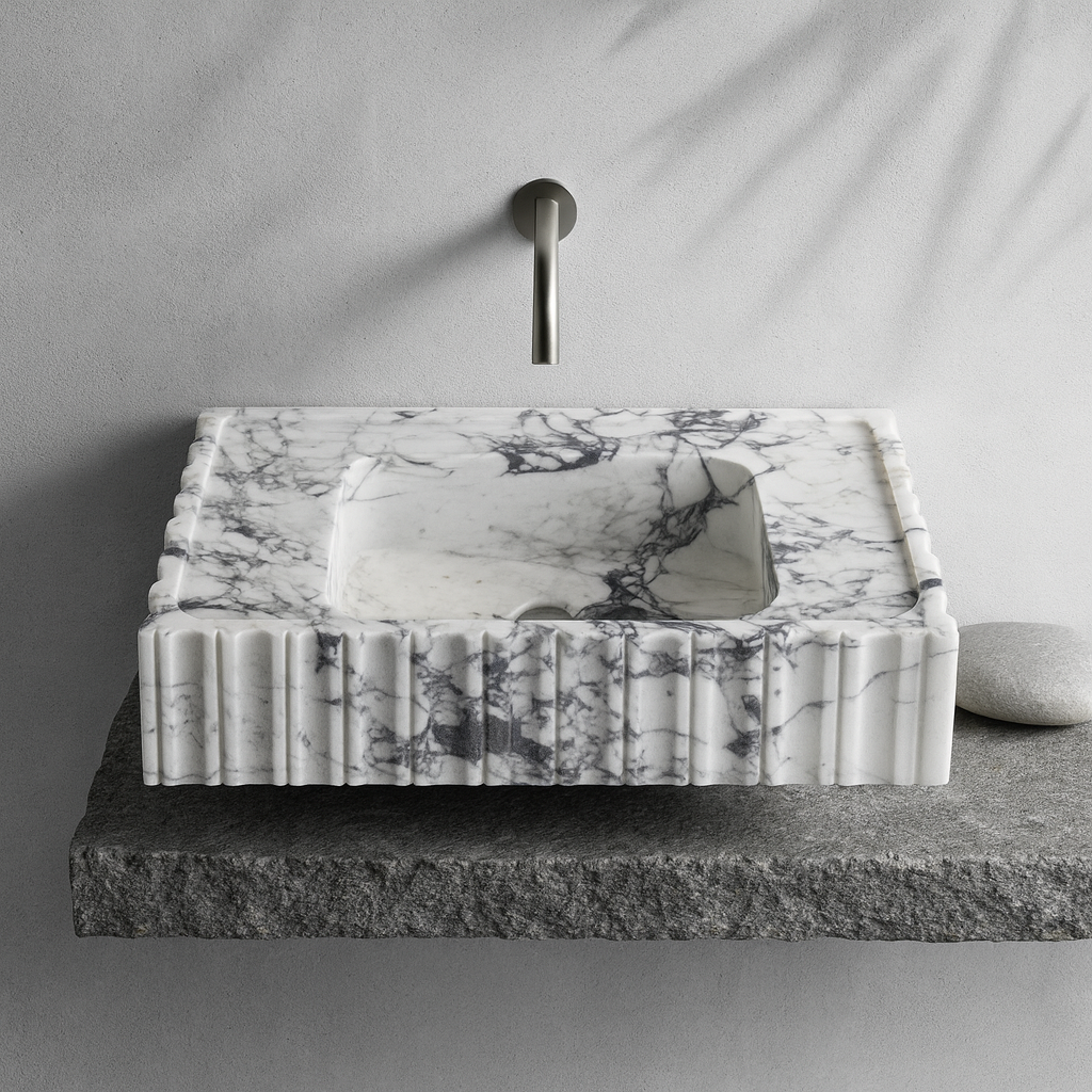 Marble Sink – Calacatta Viola Wall-Mount Bathroom Vanity Sink | Fluted U-Shape Stone Basin