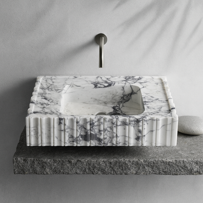 Marble Sink – Calacatta Viola Wall-Mount Bathroom Vanity Sink | Fluted U-Shape Stone Basin