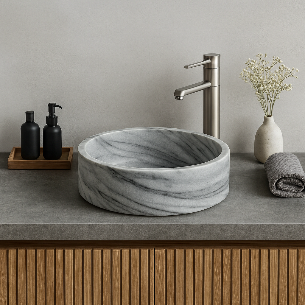 Marble Sink – Grey Stone Vessel Sink for Bathroom | Round Natural Marble Basin 16.5"x16.5"x6"