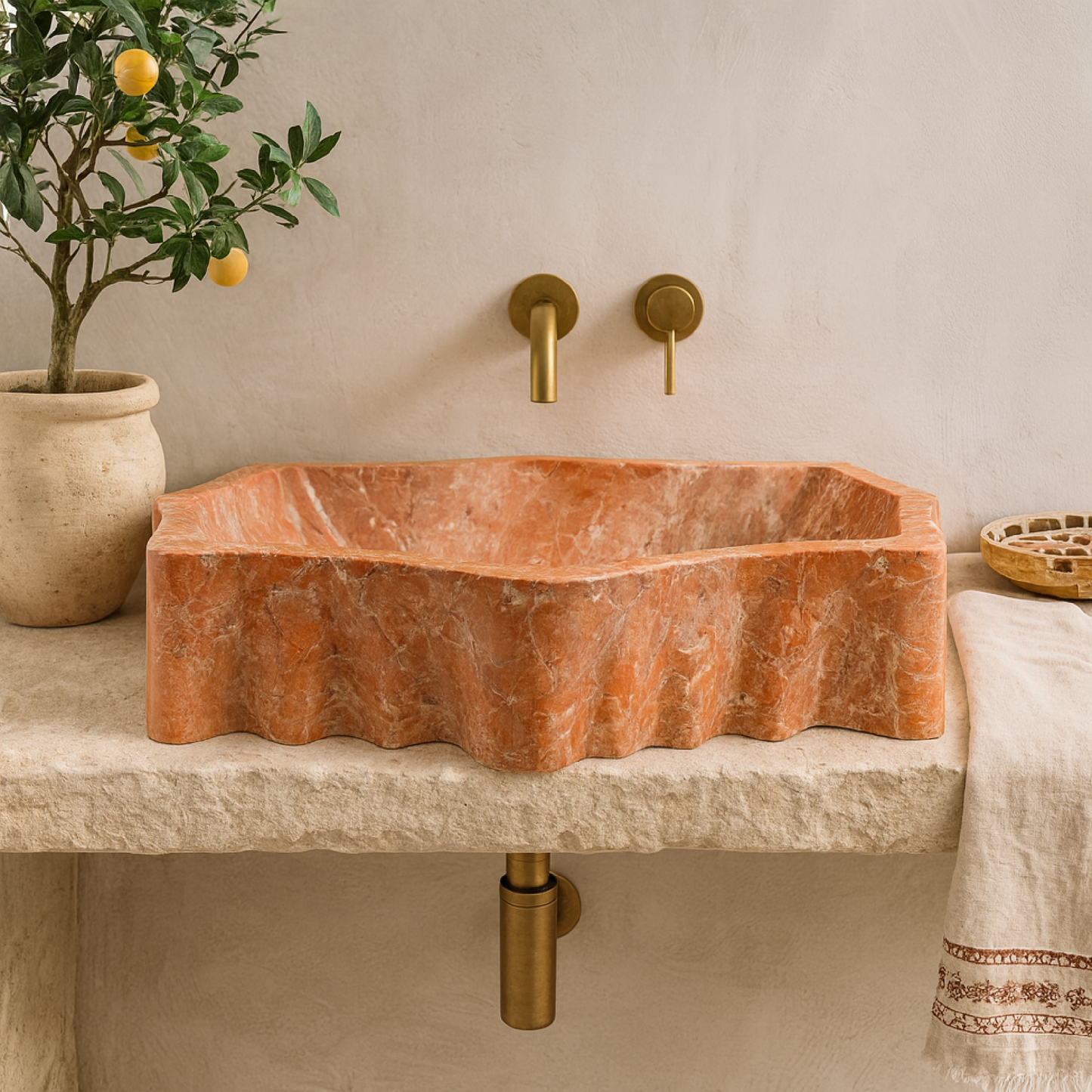 Orange Natural Stone Bathroom Basin (55x42x14 cm)