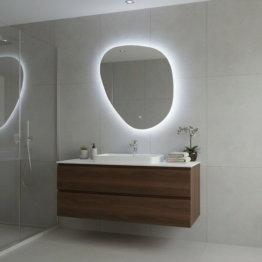 LED Wall Mirror – Irregular Organic Shape Lighted Mirror, Modern Boho Wall Decor with Backlit Glow