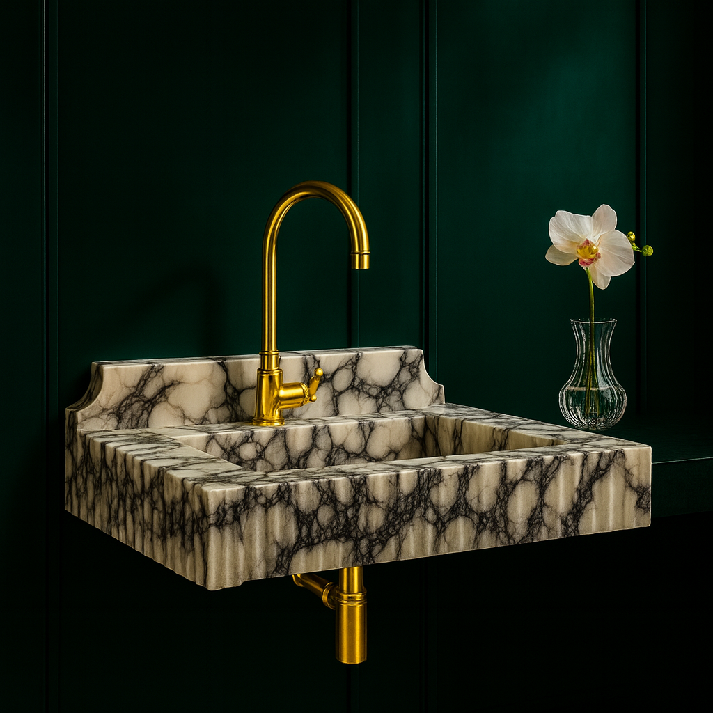 Marble Sink – Calacatta Viola Stone Bathroom Sink | Luxury Fluted Wall-Mount Basin