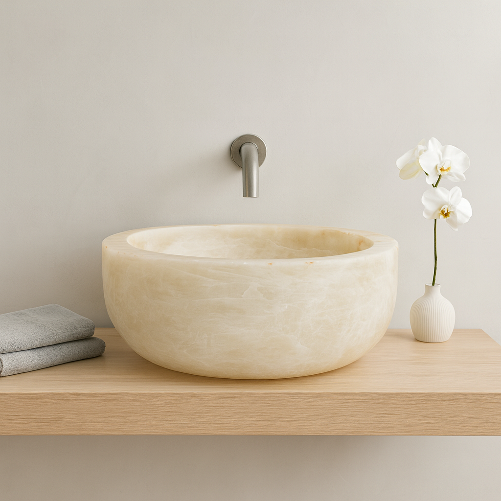 Marble Sink Green Onyx Stone Vessel – Handcrafted Round Bathroom Basin (40×40×15 cm)