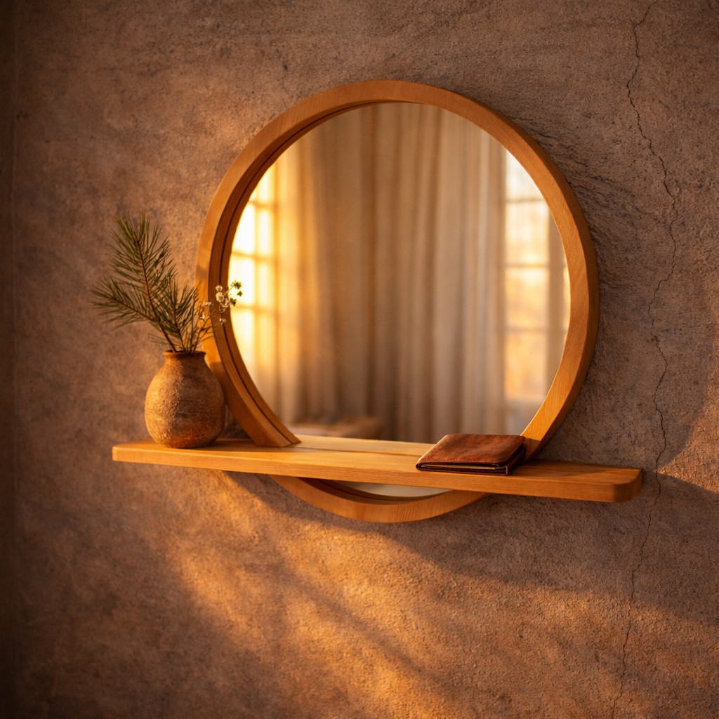 Solid Beech Wood Round Mirror with Shelf – Scandinavian Entryway Bathroom Mirror