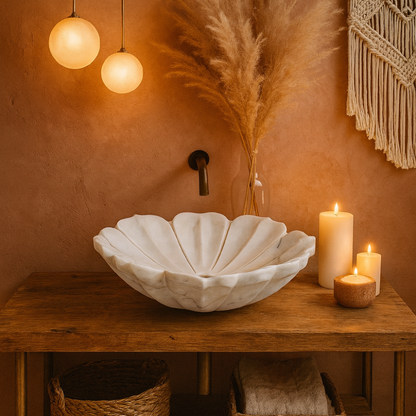 Luxury Marble Vessel Sink – Hand-Carved White Natural Stone Basin for Bathroom Vanity, One-of-a-Kind Designer Wash Bowl