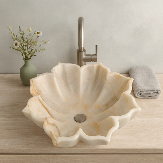 Marble Sink Stone Vessel Sink – Carrara Marble Leaf Bathroom Basin, Hand-Carved Natural Marble