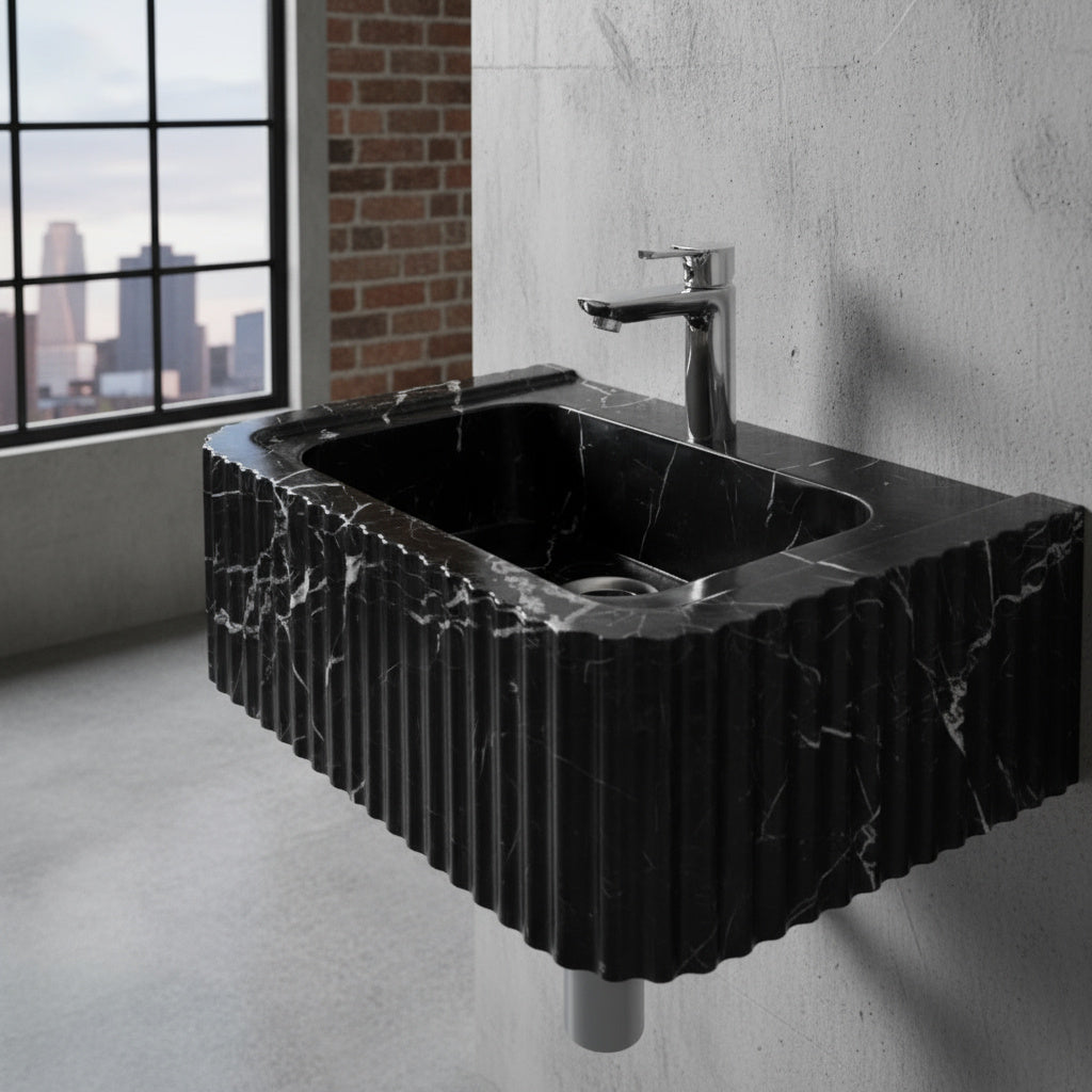 Black Marble Bathroom Sink – Toros Black Rectangular Wall-Mount Vanity Basin, Polished Natural Stone