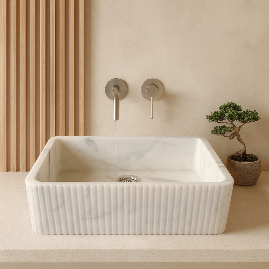 Marble Sink – Carrara White Wall-Mount Bathroom Sink Ribbed Textured | Luxury Natural Stone Vanity Basin 16"x24"x6"
