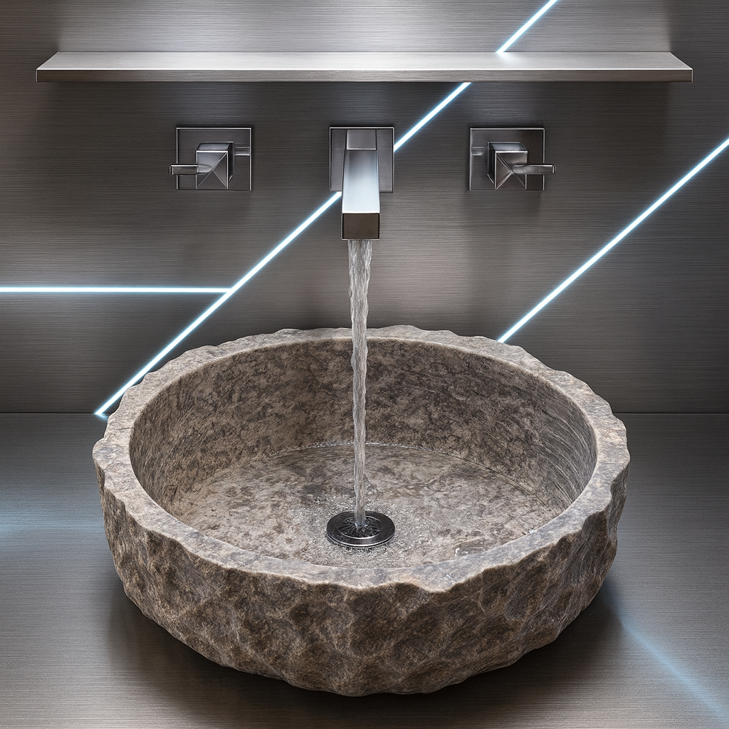 Rustic Stone Bathroom Sink – Silver Travertine Vessel Sink | Natural Hand-Carved Vanity Bowl