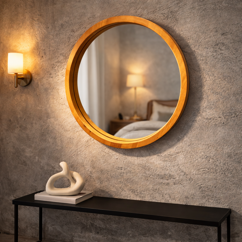Handmade Solid Wood Framed Round Mirror – Modern Scandinavian Wall Mirror
