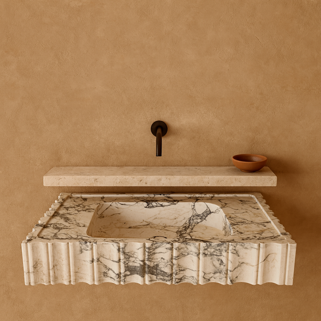 Marble Sink – Calacatta Viola Wall-Mount Bathroom Vanity Sink | Fluted U-Shape Stone Basin