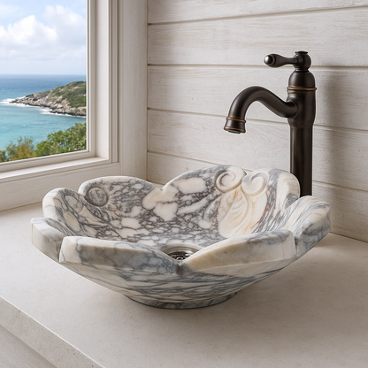 Luxury Marble Vessel Sink – Hand-Carved Natural Stone Bathroom Basin, Designer Vanity Bowl 16.5"x16.5"x5.5" (42x42x14 cm)