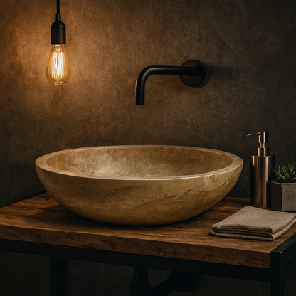 Marble Sink – Light Travertine Stone Vessel Sink for Bathroom | Round Natural Basin 16"x16"x4"