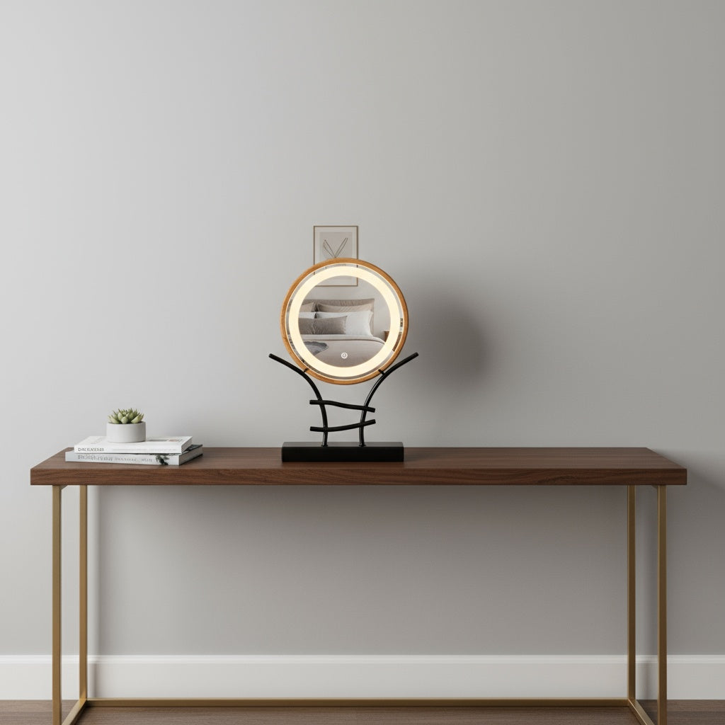 LED Makeup Mirror with Wooden Frame – Dimmable Touch Lighted Vanity Mirror & Jewelry Holder