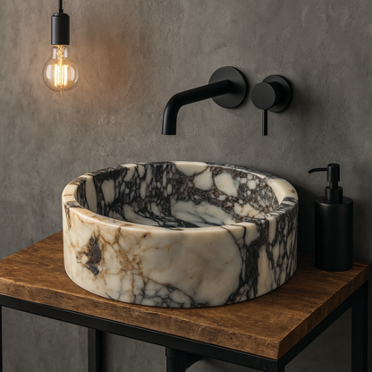 Marble Sink – Calacatta Viola Stone Vessel Sink for Bathroom | Luxury Round Basin 16"x16"x5.5"