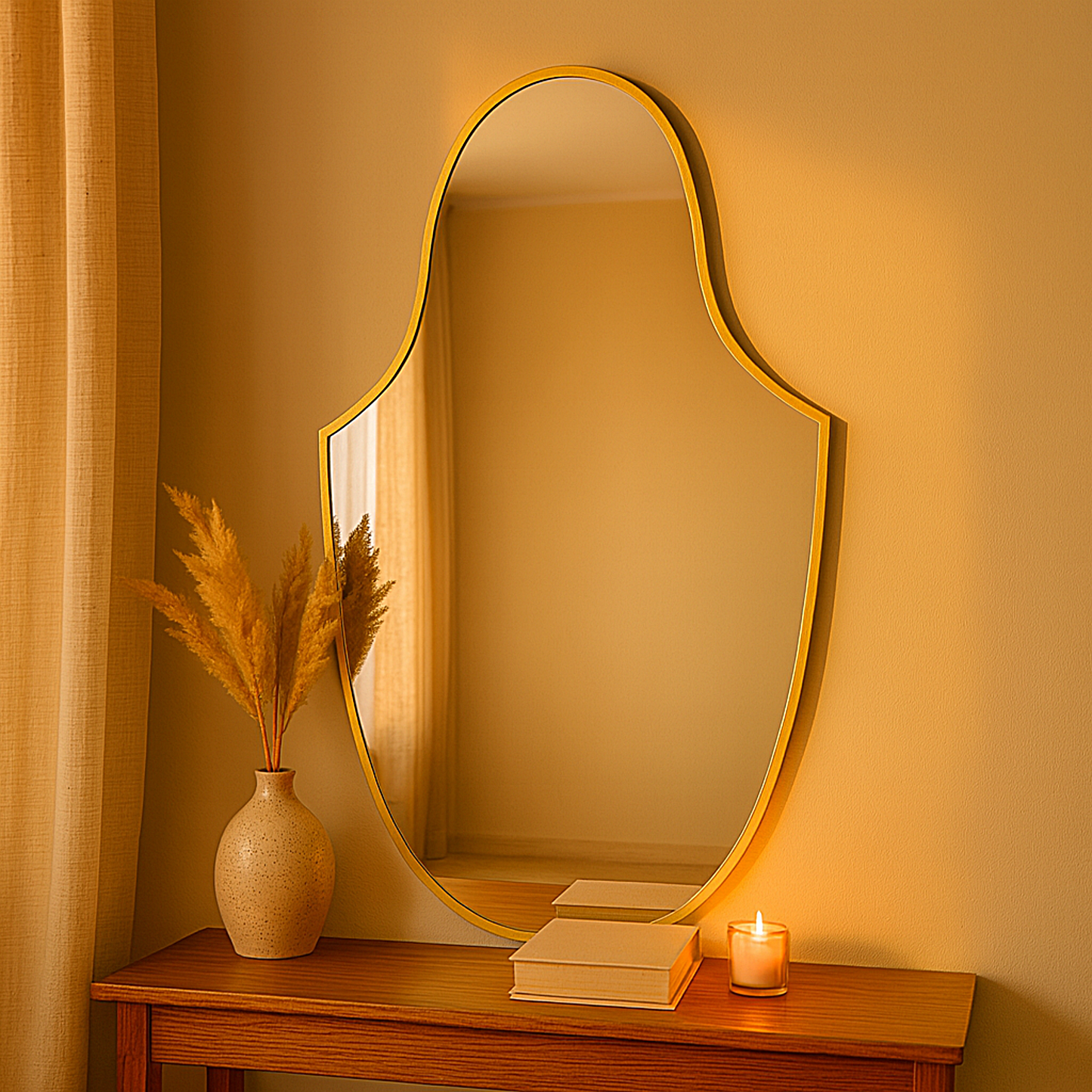 Modern Gold Wall Mirror – Arched Shield Shape Mirror for Living Room & Entryway