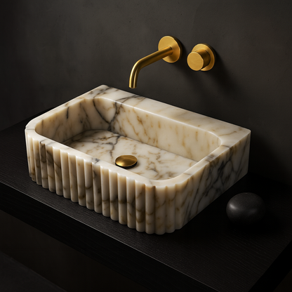 Marble Sink – Calacatta Stone Vessel Sink for Bathroom | Fluted Luxury Rectangular Basin 16"x20"x5.5"