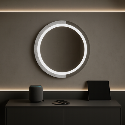 LED Bathroom Mirror – Round Lighted Vanity Mirror with Marble Frame, Modern Backlit Wall Mirror