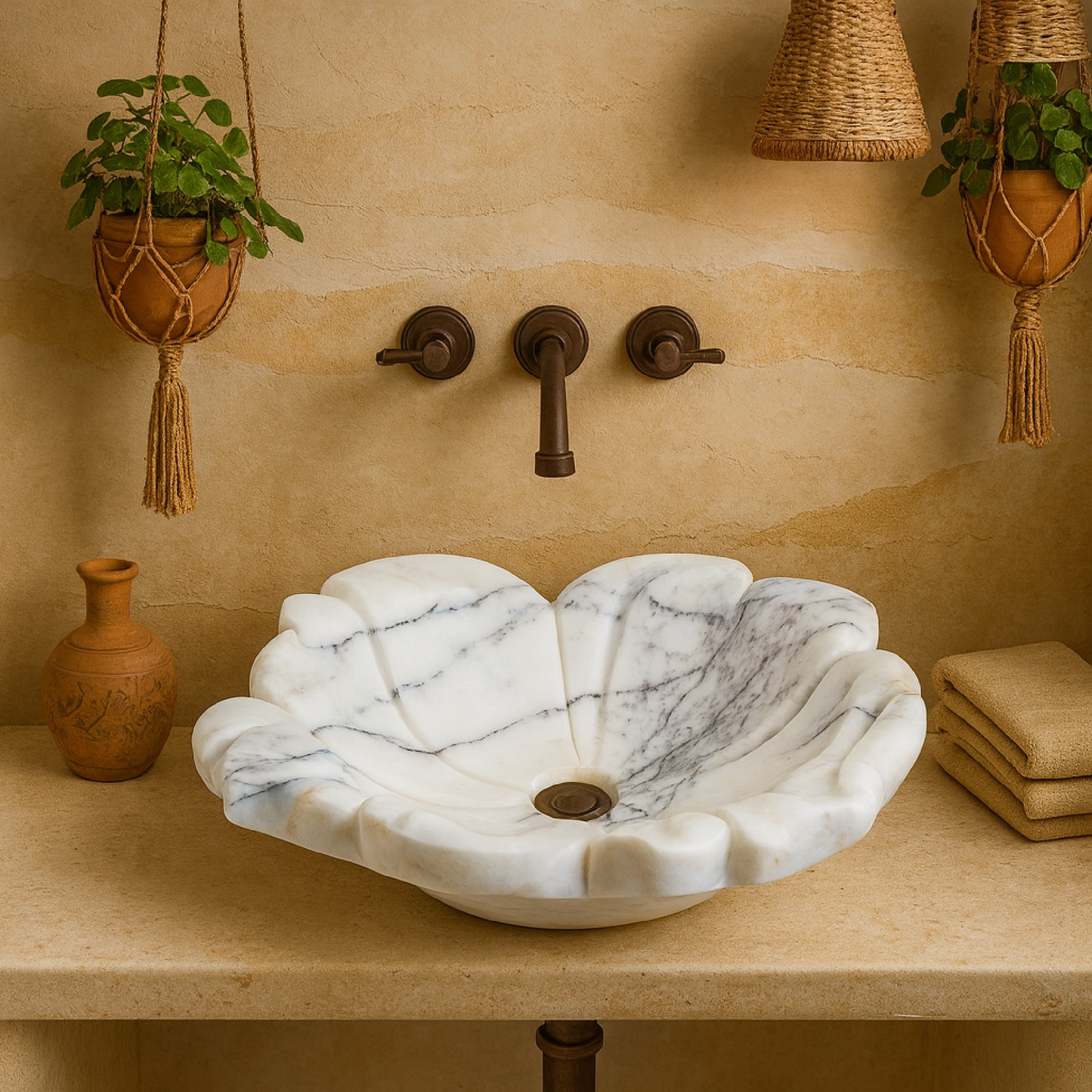 Luxury Marble Vessel Sink – Hand-Carved Flower Design Natural Stone Bathroom Basin