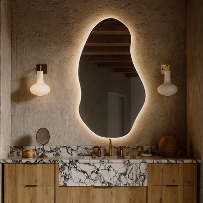 LED Bathroom Mirror – Irregular Organic Shaped Lighted Vanity Mirror with Touch Sensor