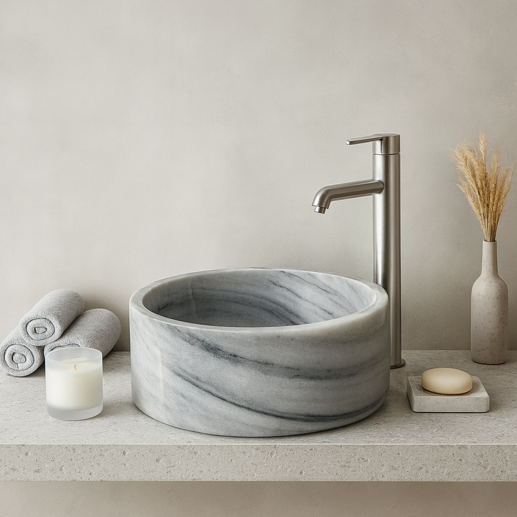 Marble Sink – Grey Stone Vessel Sink for Bathroom | Round Natural Marble Basin 16.5"x16.5"x6"