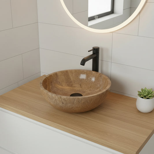 Noce Travertine Bathroom Sink – Natural Stone Round Vessel Sink, Polished Above-Counter Basin
