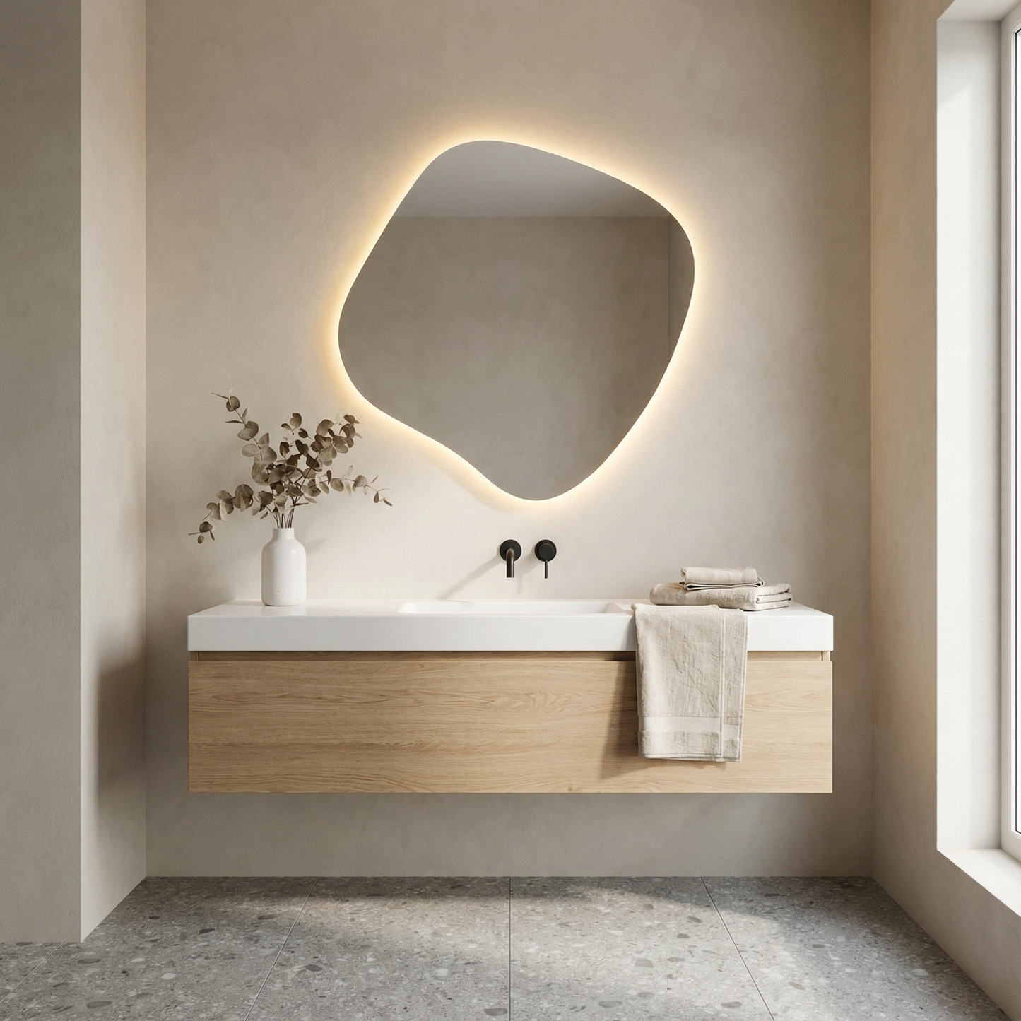 LED Bathroom Mirror – Modern Organic Shaped Lighted Vanity Mirror with Touch Sensor, Handmade Backlit Wall Mirror