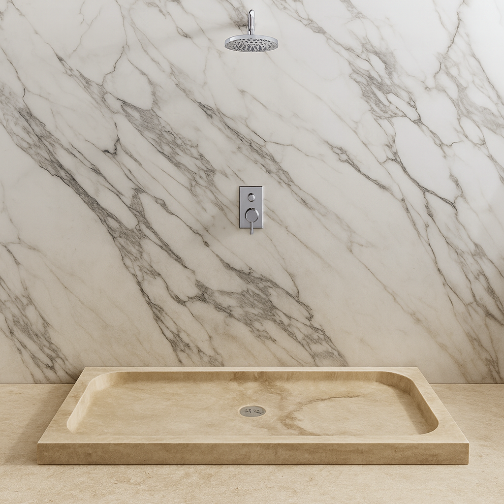 Shower Base – Travertine Stone Shower Pan | Troia Light Rectangular Marble Tray