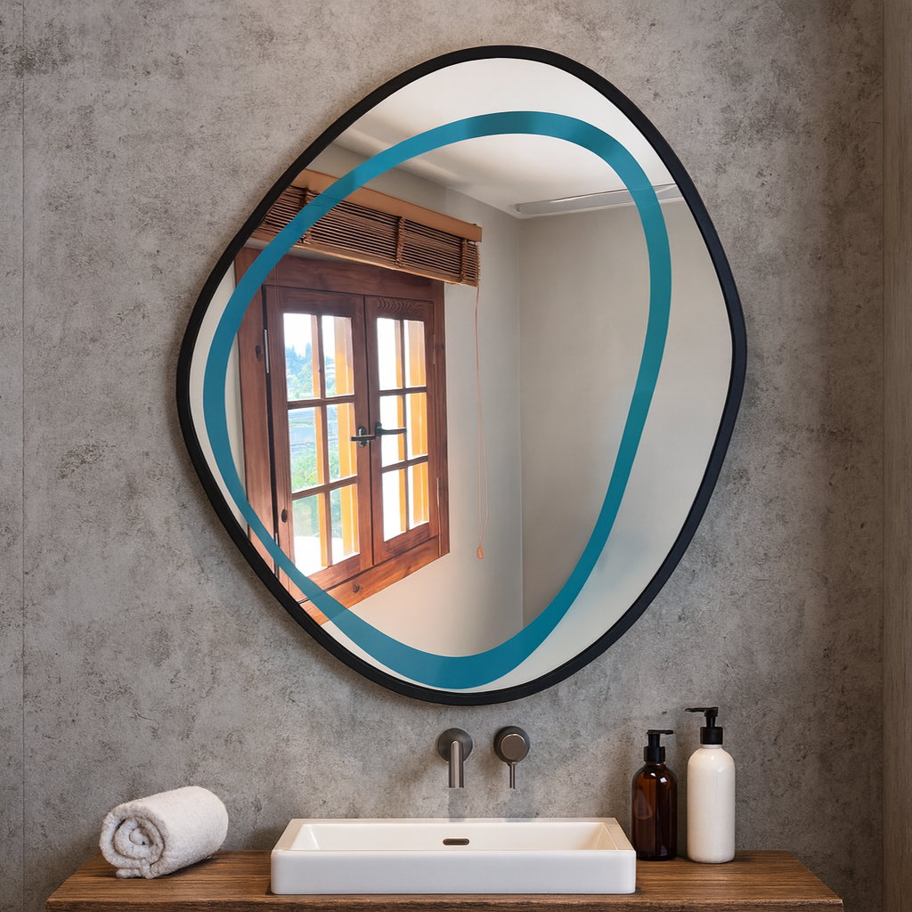 Modern Irregular Wall Mirror – Wavy Round Wooden Frame Mirror |Decorative Bathroom & Living Room Mirror