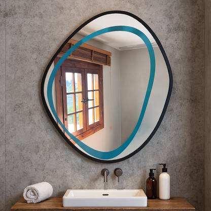 Modern Irregular Wall Mirror – Wavy Round Wooden Frame Mirror |Decorative Bathroom & Living Room Mirror