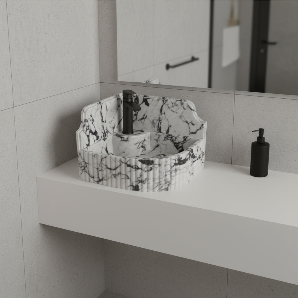 Marble Sink – Calacatta Viola Corner Wall-Mount Bathroom Sink with Fluted Design & 8" Backsplash | Luxury Natural Stone Basin 16"x16"x8"