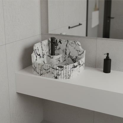 Marble Sink – Calacatta Viola Corner Wall-Mount Bathroom Sink with Fluted Design & 8" Backsplash | Luxury Natural Stone Basin 16"x16"x8"