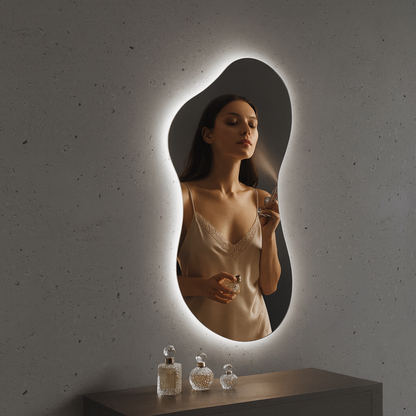 LED Bathroom Mirror Asymmetrical Shape – Modern Backlit Vanity Wall Mirror