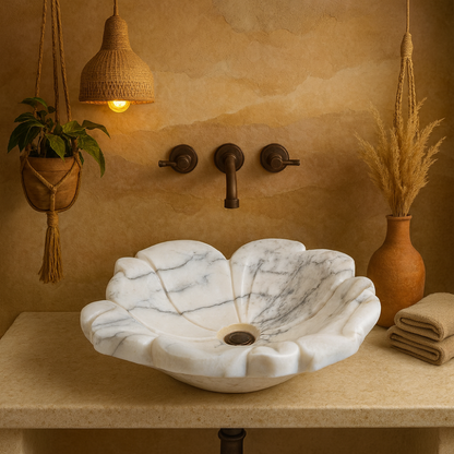 Luxury Marble Vessel Sink – Hand-Carved Flower Design Natural Stone Bathroom Basin