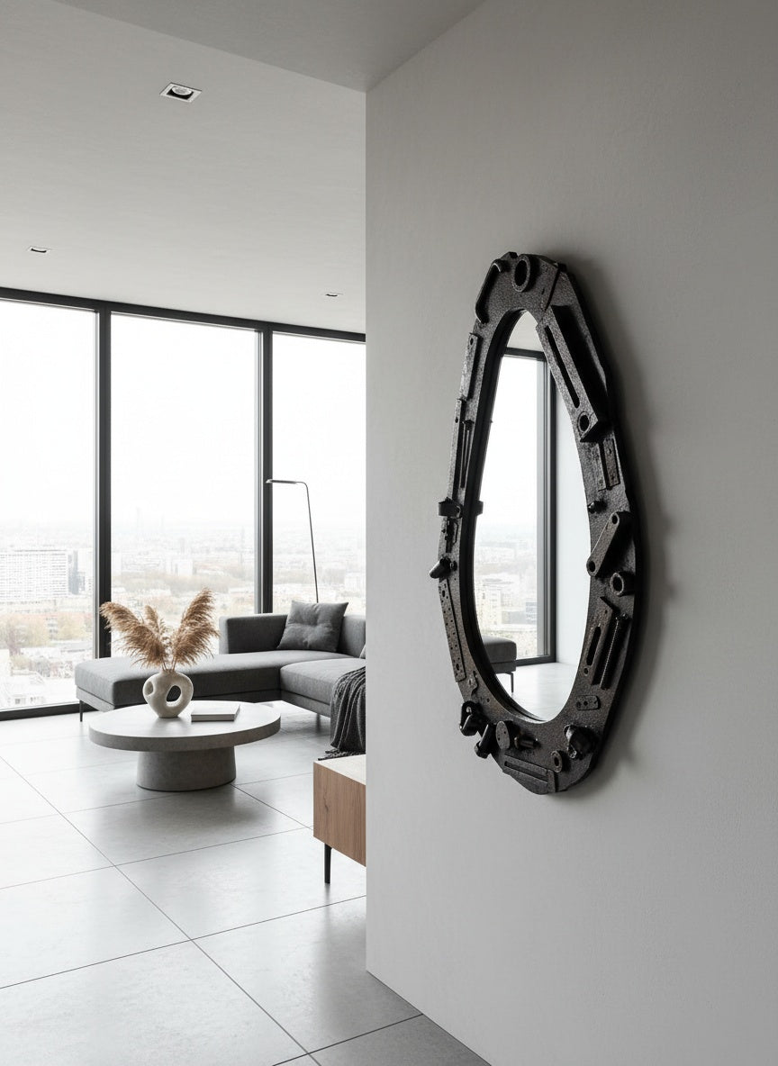 Industrial Wall Mirror – Steampunk MDF Frame Mirror with metal part for Loft & Modern Interiors