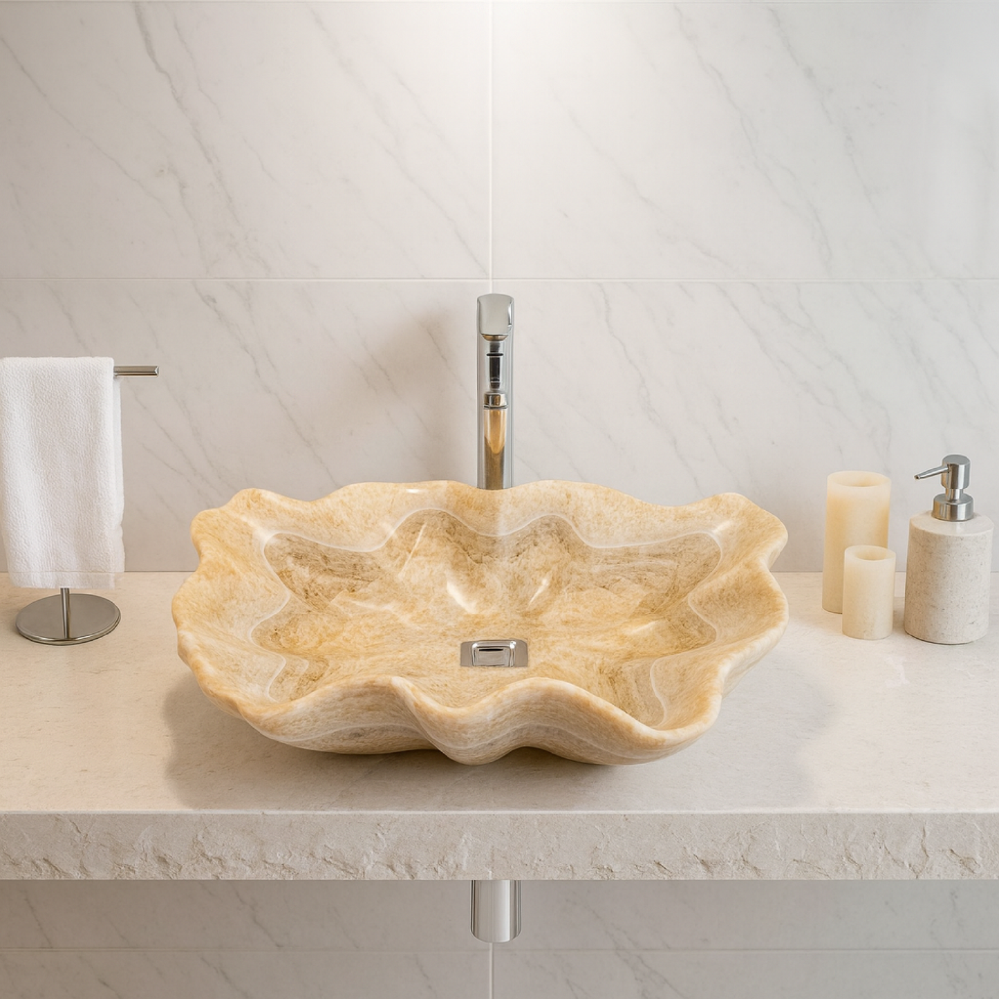 Hand-Carved Beige Natural Stone Bathroom Basin 25.6"x17.7"x6.3" (65x45x16 cm)