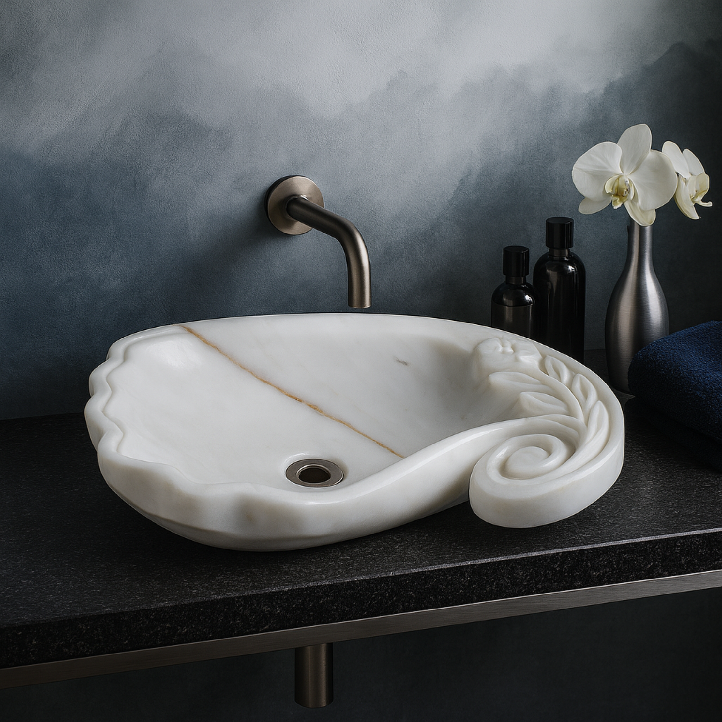 Luxury Marble Vanity – Hand-Carved Natural Stone Bathroom Basin with Floral Detail 23.6"x15.7"x5.9" (60x40x15 cm)
